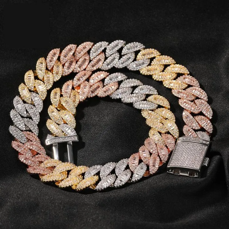 Kedjor 16mm Rose Guld/silver/guld 3 Färg Lyx Miami Cuban Link Halsband Prong Inställning Baguette Cubic Zirconia Hiphop Smycken 14 tum