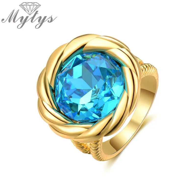 Klusterringar Mytys 22mm Gold Cable Ring Blue Crystal David Inspire Clear Stone Trendy Fashion for Women R2185