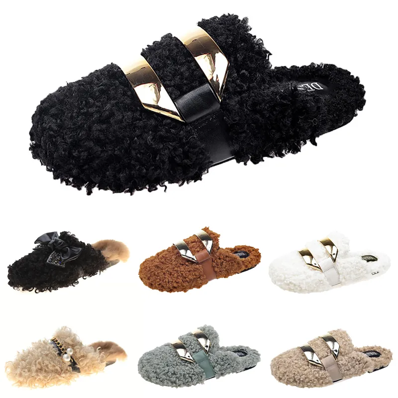 Fashion Newly autumn winter womens slippers metal chain all inclusive wool slipper for women outer wear plus big szie Muller half drag shoe