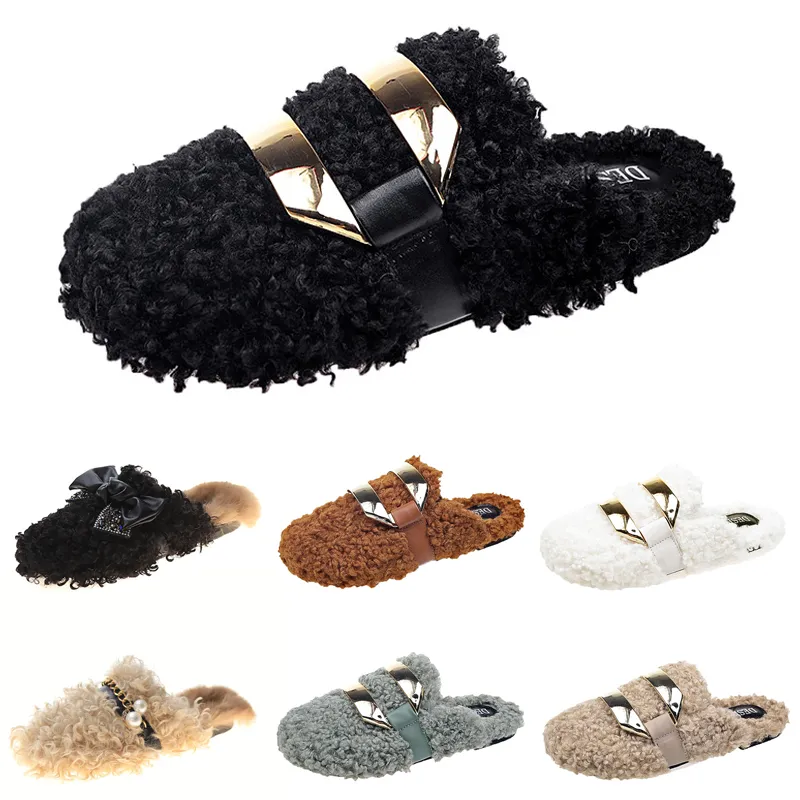 Mode Nieuw Herfst Winter Womens Slippers Metalen Ketting All Inclusieve Wol Slipper Voor Vrouwen Outer Wear Plus Big Szie Muller Half Drag Shoe