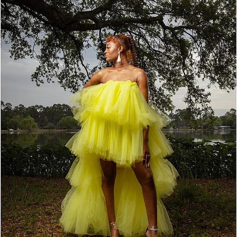 Jaune vif Puffy Hi Low Tiered Ruffle Tulle Tutu Robe de soirée sur mesure Photographie d'anniversaire Shoot Tulle Robes Yong Girls Robe de cocktail