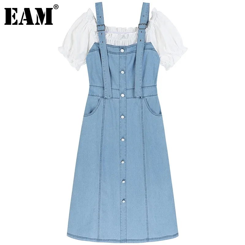 [Eam] Kvinnor Blå Fake Två Spliced ​​Pleated Dress Square Neck Puff Short Sleeve Loose Fit Fashion Spring Summer 1DD8298 210512