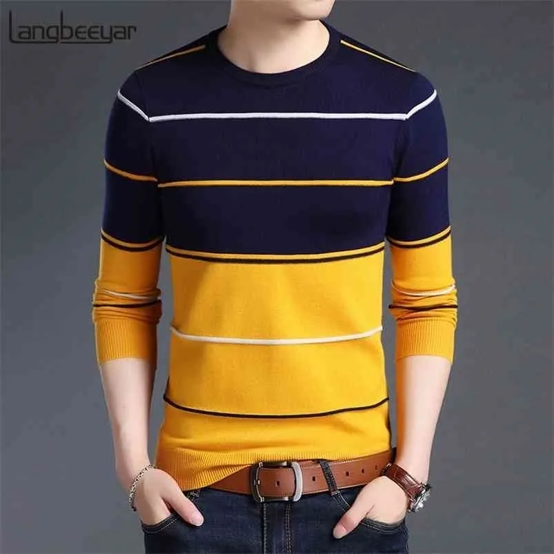 Mode Märke Sweater Mens Pullover Striped Slim Fit Jumpers Knitred Woolen Höst Koreansk stil Casual Men Kläder 210909