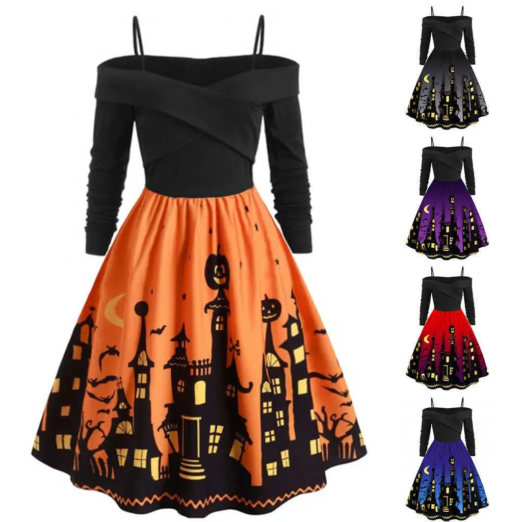 Kobiety Dynia Party Drukuj Dress Halloween Z Długim Rękawem V Neck Vintage Casual Plus Size Sukienki Vestido Corto Mujer FD Y0903