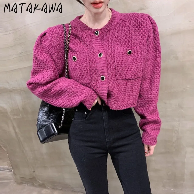 MATAKAWA Vintage Fashion Round Neck Knitted Cardigan Coat Single-breasted Sweater Jacket Fall Women 210513