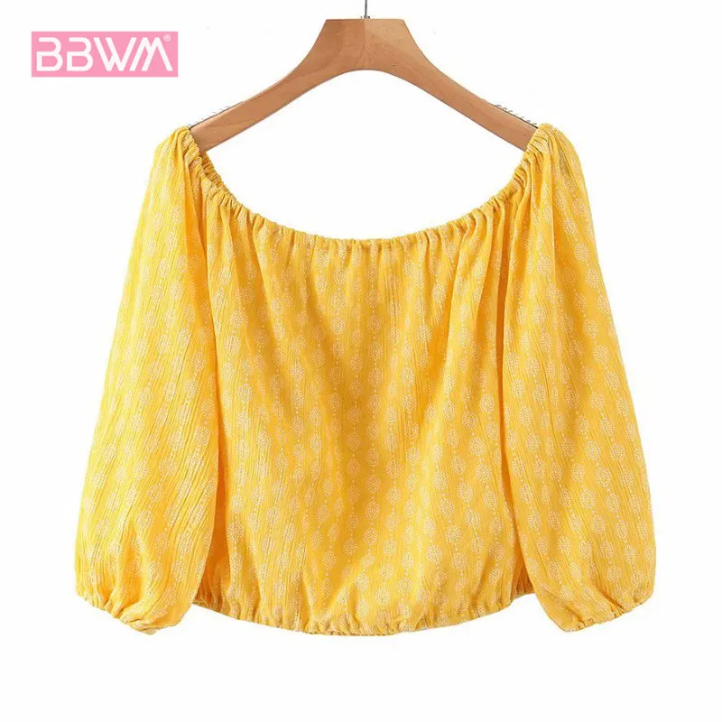 Amarelo doce manga longa chique chique cajuku mulheres camisa verão moda selvagem ombro sexy strapless tops 210507