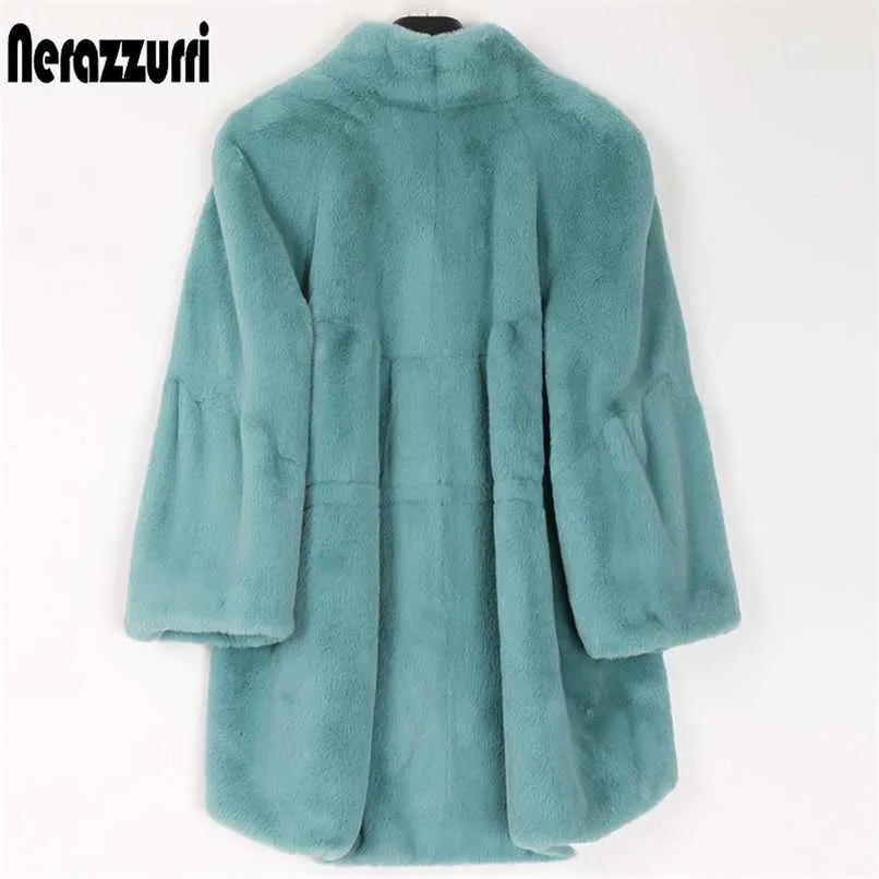 Nerazzurri Fluffy loose faux fur coat women flare raglan sleeve Plus size furry jacket fashion autumn winter women clothes 211110