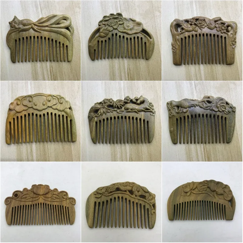 Doğal Yeşil Sandal Ağacı Geniş Diş Tarak Anti Statik Oyma Taşınabilir Cep Ahşap Tarak Erkekler Kadınlar için Saç Fırçaları