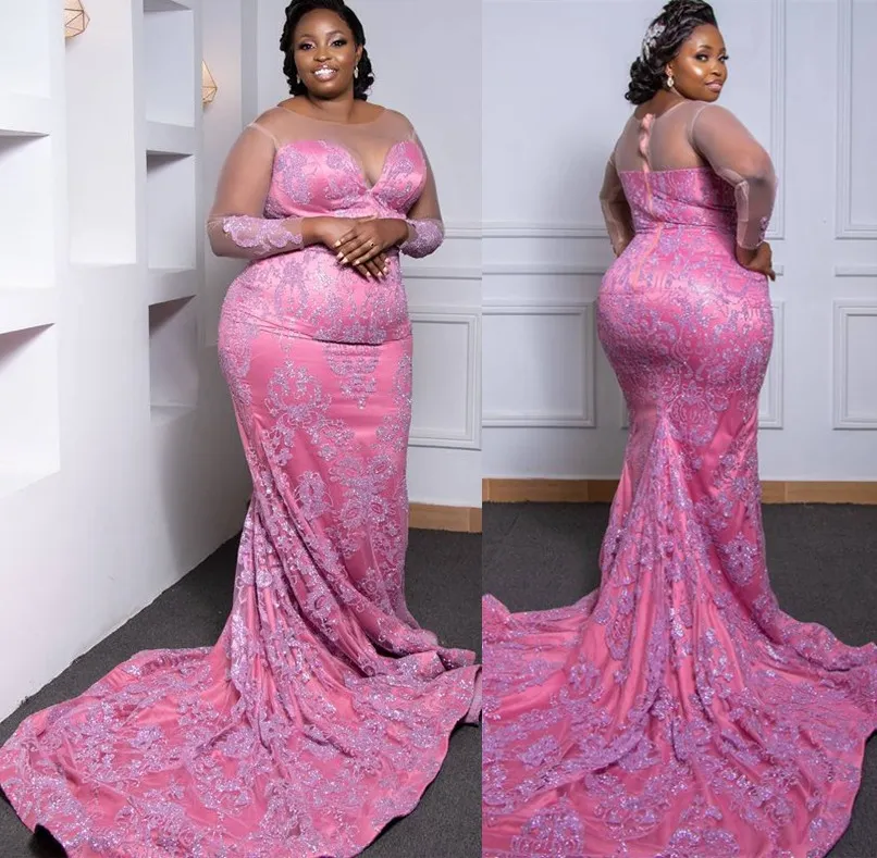 2022 Plus Size Árabe Aso Ebi Rosa Sereia Sexy Prom Vestidos Sheer Neck Lantejoulas De Laço Noite Formal Partido Segundo Recepção Vestidos de Aniversário Dos Vestidos de Aniversário Vestido ZJ033