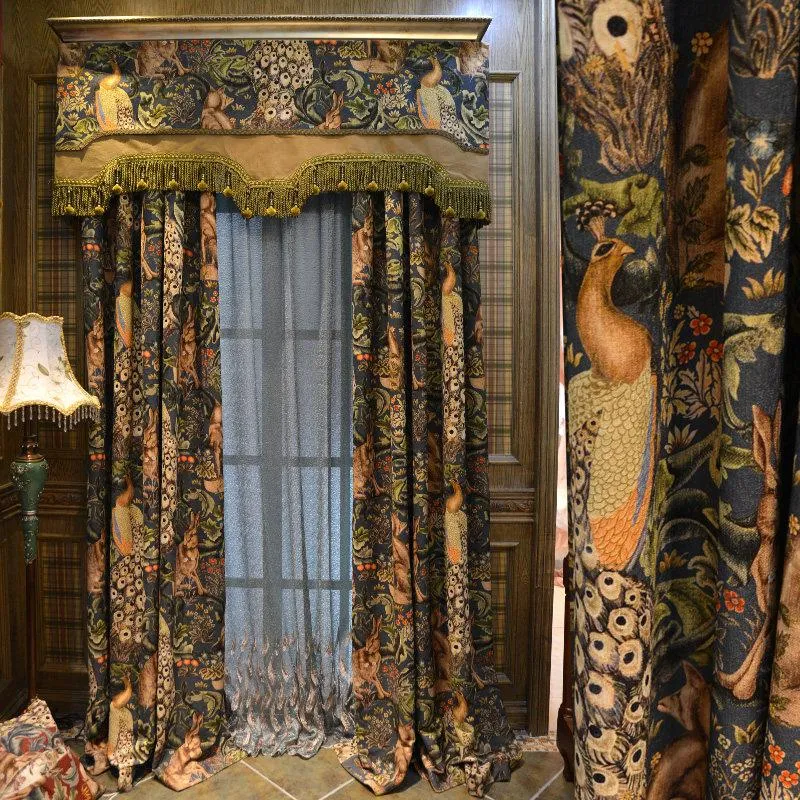 Curtain Set European Luxury Curtains With Valance For Living Room Bronzing Blue Ready Made & Drapes