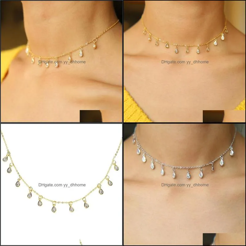 Elegant Cz Tear Drop Charm Simple Choker Layer Necklaces & Pendant Delicate Gold Color Sexy Station Jewelry For Women Chokers