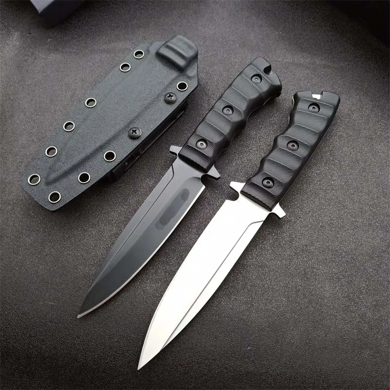 Outdoor Survival Straight Tactical Mes DC53 Satijn / Zwart Titanium Coated Drop Point Blade Full Tang Grner Handvat Messen met Kydex