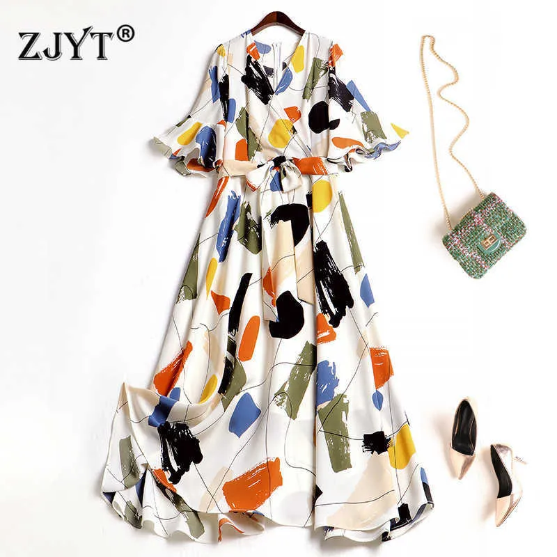 Projektanci Butterfly Sleeve Lace Up Kolorowe Drukuj Kobiety Lato Dress Elegancka Midi Boho Beach Robe Femme Holiday Vestidos 210601