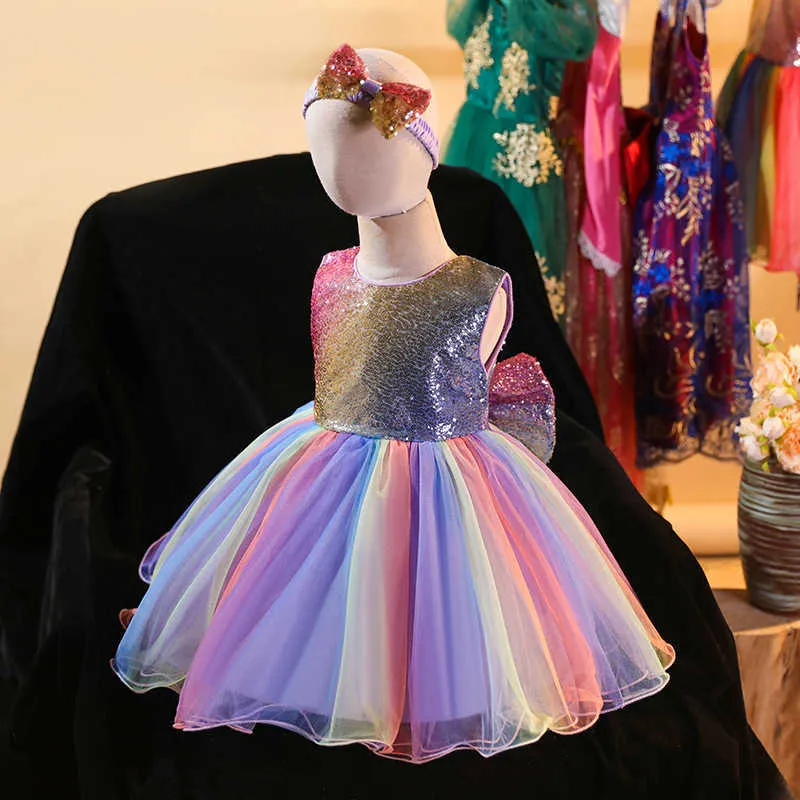 INS Kids Rainbow Sequins Vestido De Fiesta Para Ni as Princesa