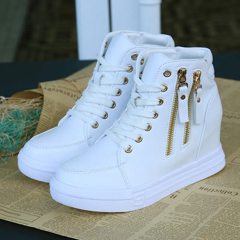 Białe Buty Kobieta Wysoka Top Spring Sping 2022 Kobieta Moda Przypadkowi Buty Zipper Hydried Wedge Lady Sneakers Białe Buty