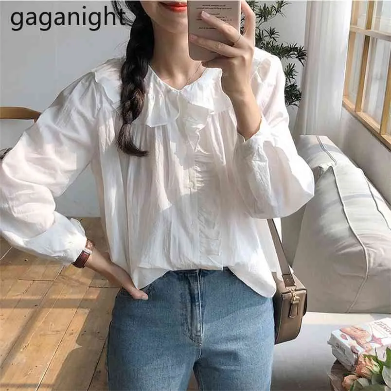 Chic Peter Pan Collar Ruffles Meninas Doce Camisas Estilo Coreano Mulheres Sólidas Moda Blusas Regular Manga Longa Tops 210601