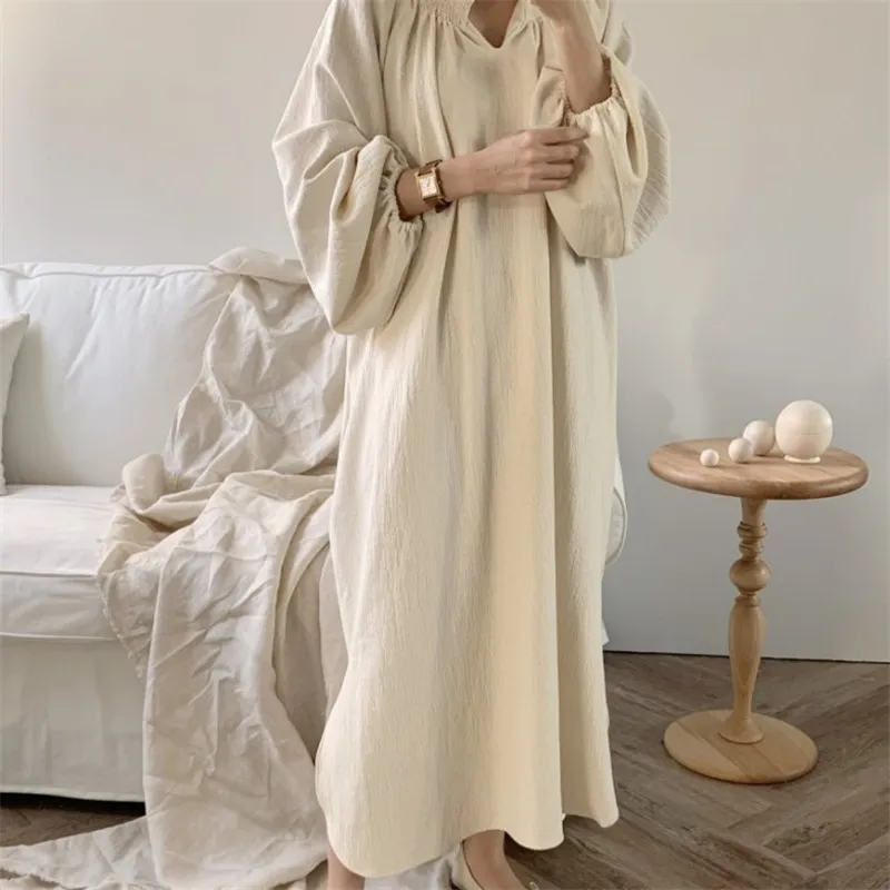 EWQ Kobiety Morelowy Vintage Duży Rozmiar Bandaż Plisowany Długa Sukienka Stoi Sleeve Puff Sleeve Moda Wiosna Jesień 2F0478 210510