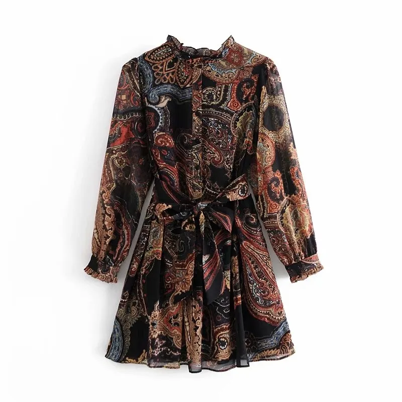 Vintage Women Boho Print Dress Autumn Fashion Ladies Bow Sashes Streetwear Kvinna Chic Full Sleeve Vestidos 210427