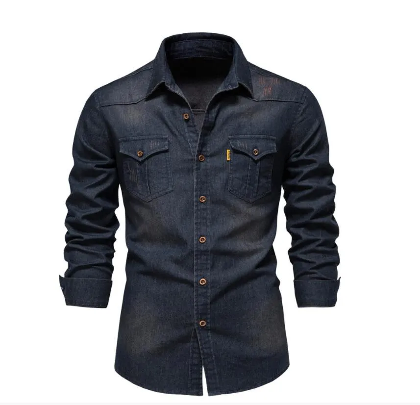 Men's Dress Shirts New Cotton Denim Casual Solid Color Pocket Button Shirt Men Long Sleeve New Autumn Jeans Male Blouse