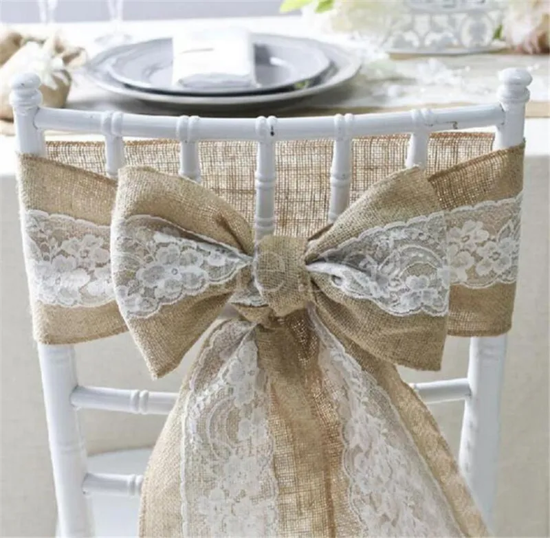 Party Supplies Naturally Elegant Burlap Lace Chair Sashes Jute Chairs Tie Bow for Rustic Wedding Event Decoration DD191