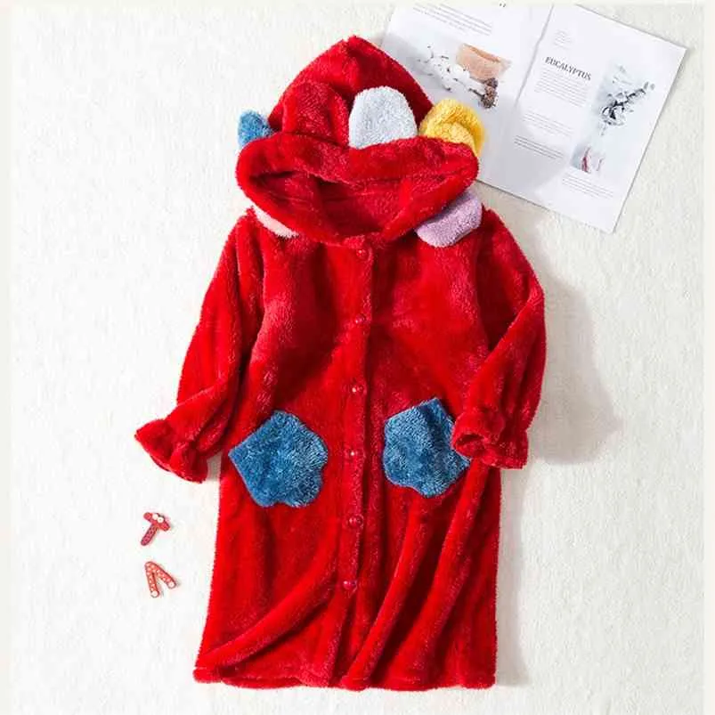 Moda Inverno Crianças Roupão De Roupão Com Flor Flanela Com Capuz Sleepwear Quente para Adolescentes Meninas Crianças Vermelho Botão Vermelho Homewear 210622