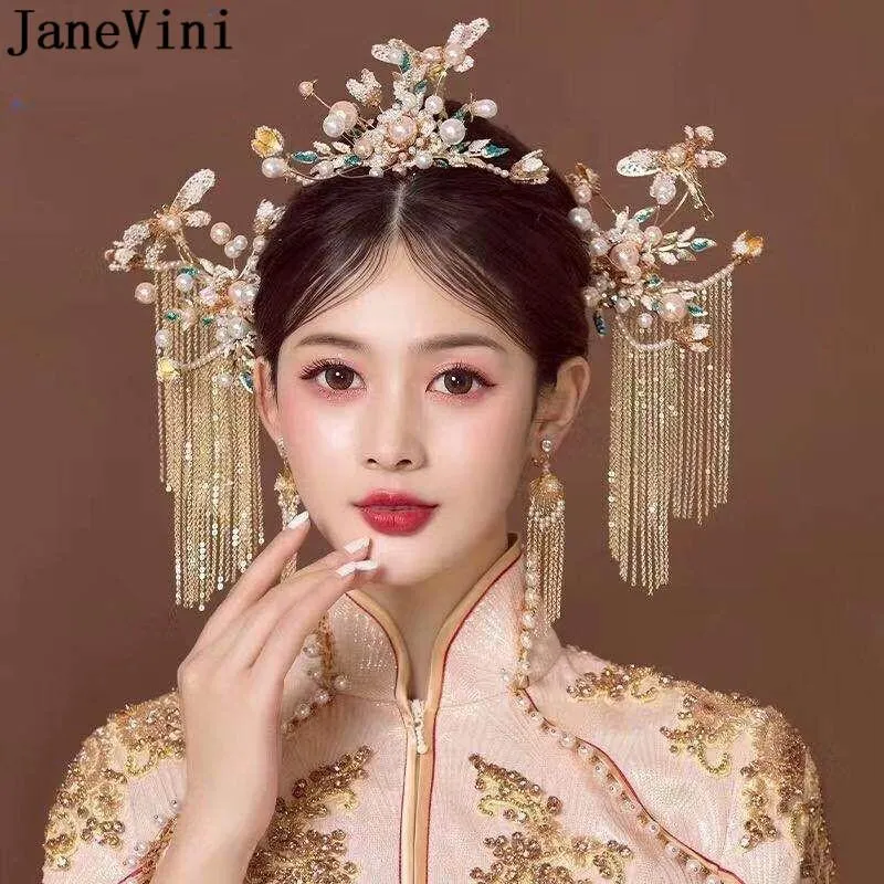 JaneVini Pageant Catwalk Women Hairbands Luxury Gold Dragonfly Pearls Bridal Hair Sticks Pins Chinese Style Tassel Earrings Set Clips & Barr