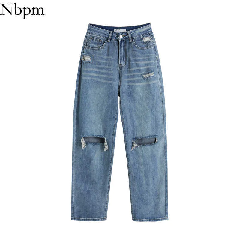 Nbpm Women Retro Fashion Hole Ripped Woman Jeans All-Match Loose High Waist Wide Leg Pants Spring Summer Fashion 210529