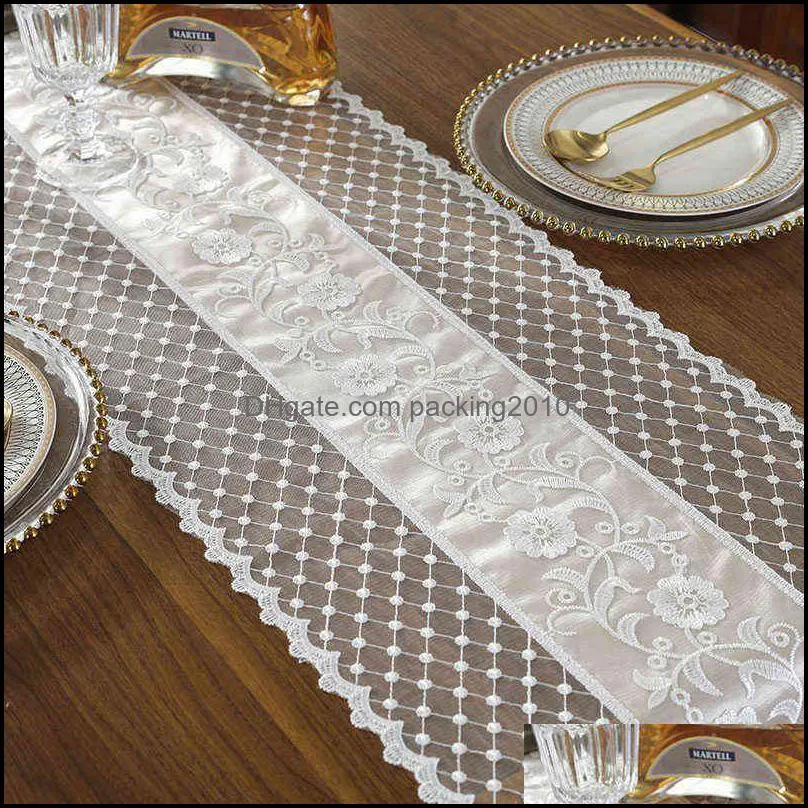 Proud Rose Korean Lace Table Runner Wedding Decoration White Table Flag Embroidered Tablecloths TV Cabinet Table Cover 220107