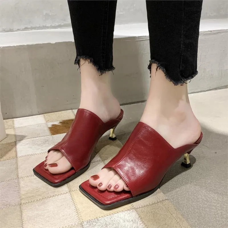 슬리퍼 클립 온 스퀘어 발가락 하이힐 샌들 여성 섹시한 파티 플립 플롭 신발 여성 Zapatos de Mujer