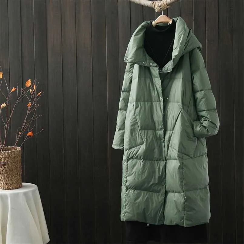 Ailegogo Winter Women Parkas Hooded Loose Thick Female 90% White Duck Down Long Coat Casual Ladies Snow Warm Jacket Ouotwear 211126