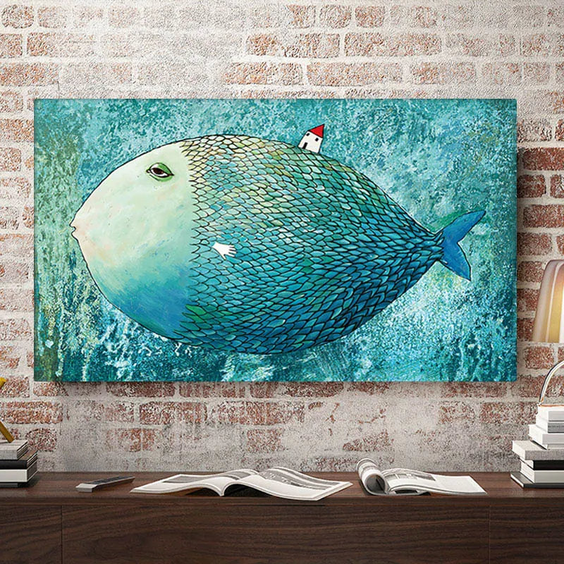 Dessin animé peintures gros poisson petite maison pour enfants chambre affiches et impressions moderne Cuadros Art décoratif photos