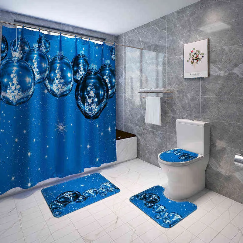 4pcs Christmas Bath Mat Shower Curtain Mat Bathroom Toilet Rug Non-Slip for Bathroom Floor Absorbent Carpet