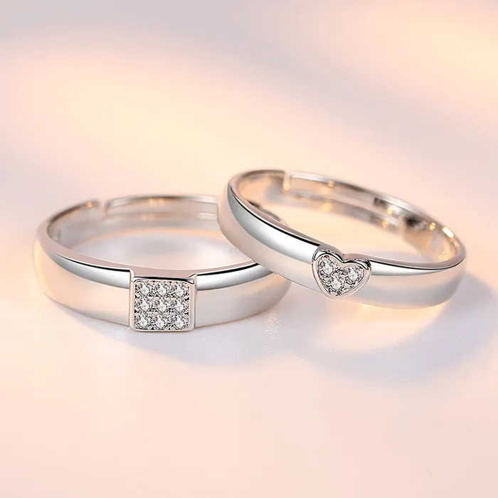 Bande carrée coeur diamant anneaux cluster argent ouvert réglable Couple bague de fiançailles de mariage pour femmes hommes bijoux de mode