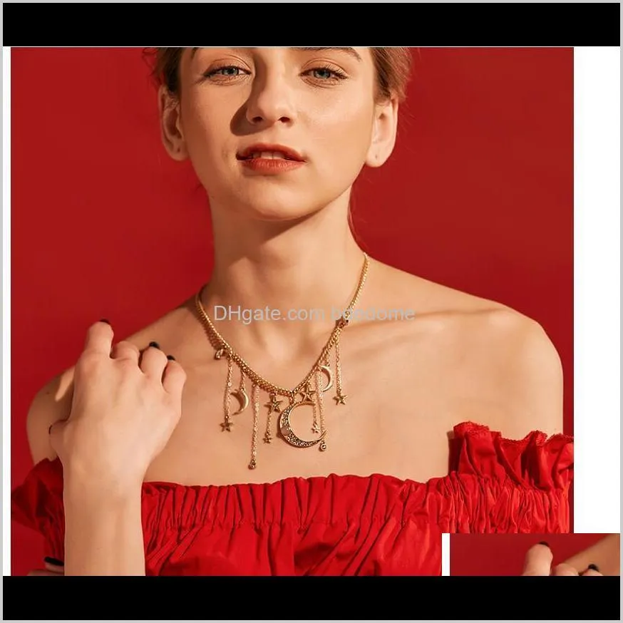 retro necklace female temperament european and american fashion jewelry personality star and moon tassel necklace dress wild short sweater