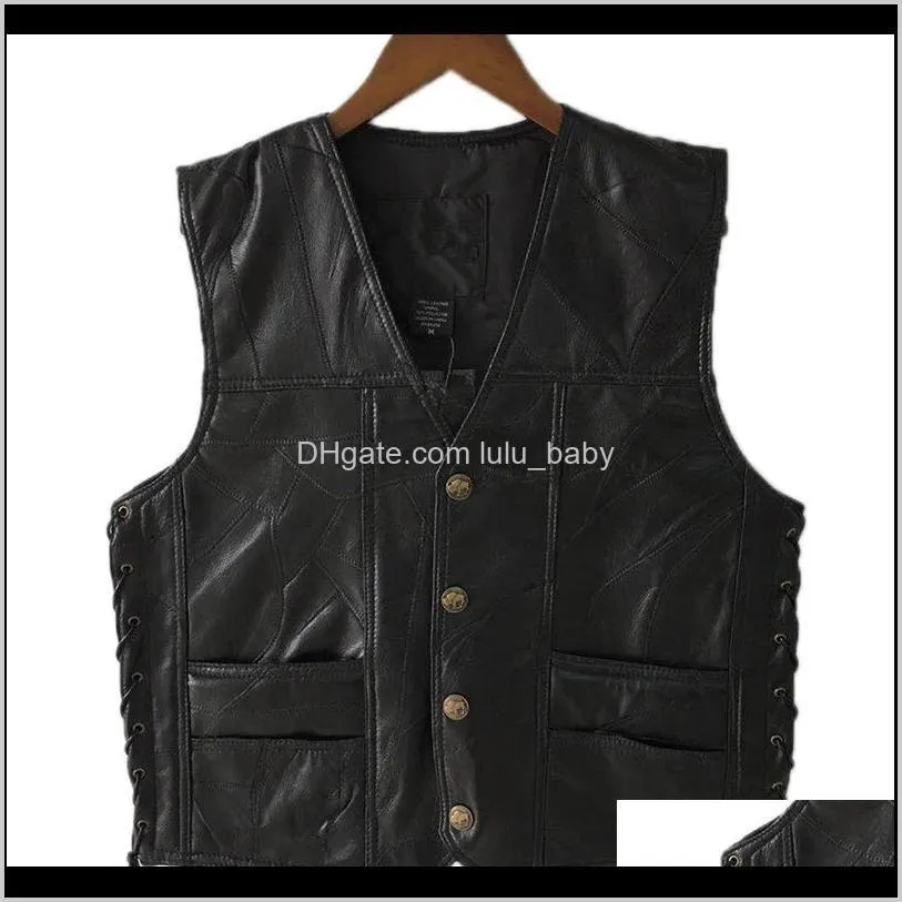 black leather motorcycle vest for men genuine leather punk biker vest lace button autumn sleeveless jacket for men