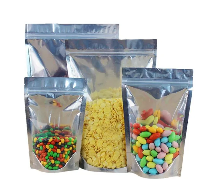 2021 Nya 100pcs Stand Up Pouches för Candy Clear Aluminium Folie Zipper Bag Silver Plast Packaging Väskor för Cookie Baking