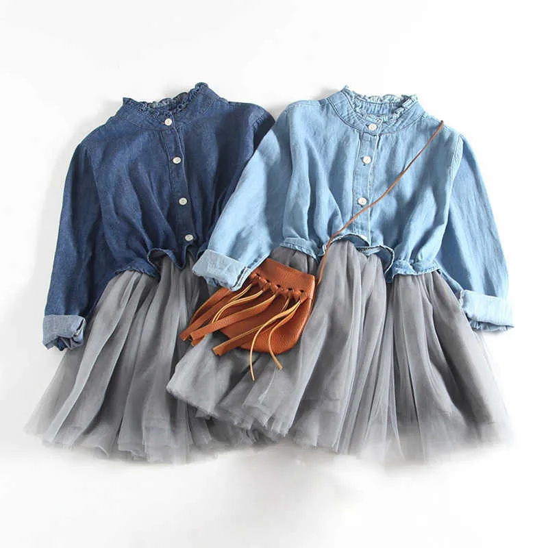 New Spring Autumn Baby Girl Dress Denim Mesh Patchwork Princess Girl Dress Long Sleeve Toddler Kids Dresses for Girls DQ612 Q0716