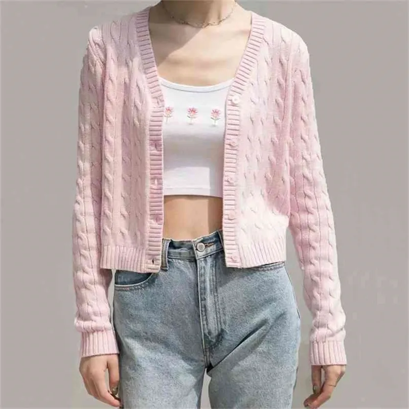 Women V Neck Comfy Cable Knit Cardigan Button Up Closure Sweater 210512