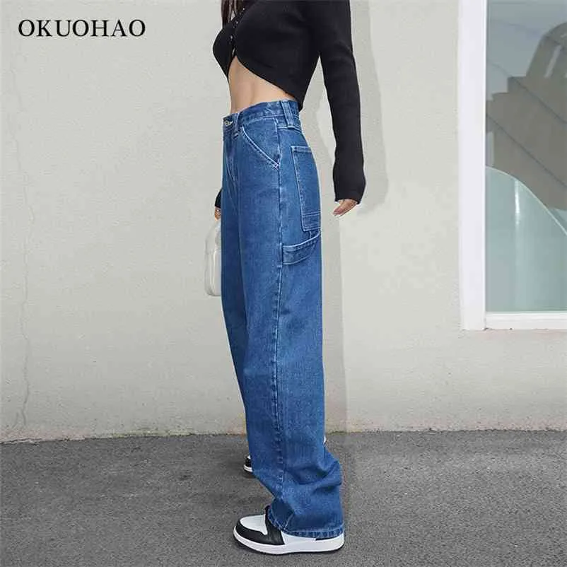 Large jambe droite jeans femme taille haute bleu denim pantalon femme esthétique baggy maman jean mode plus taille pantalon streetwear 210629