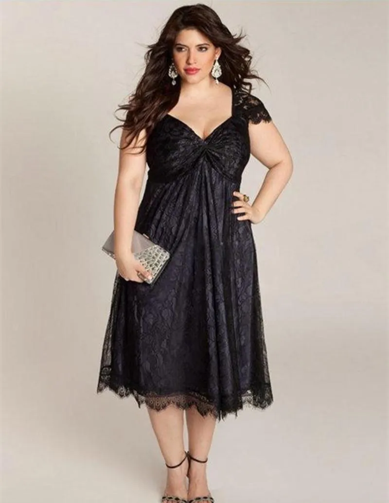 New Tea Length Black Plus Size Mother of the Bride Dress Short Sleeve V Neck Empire Waist Women Formal Gowns Custom Made