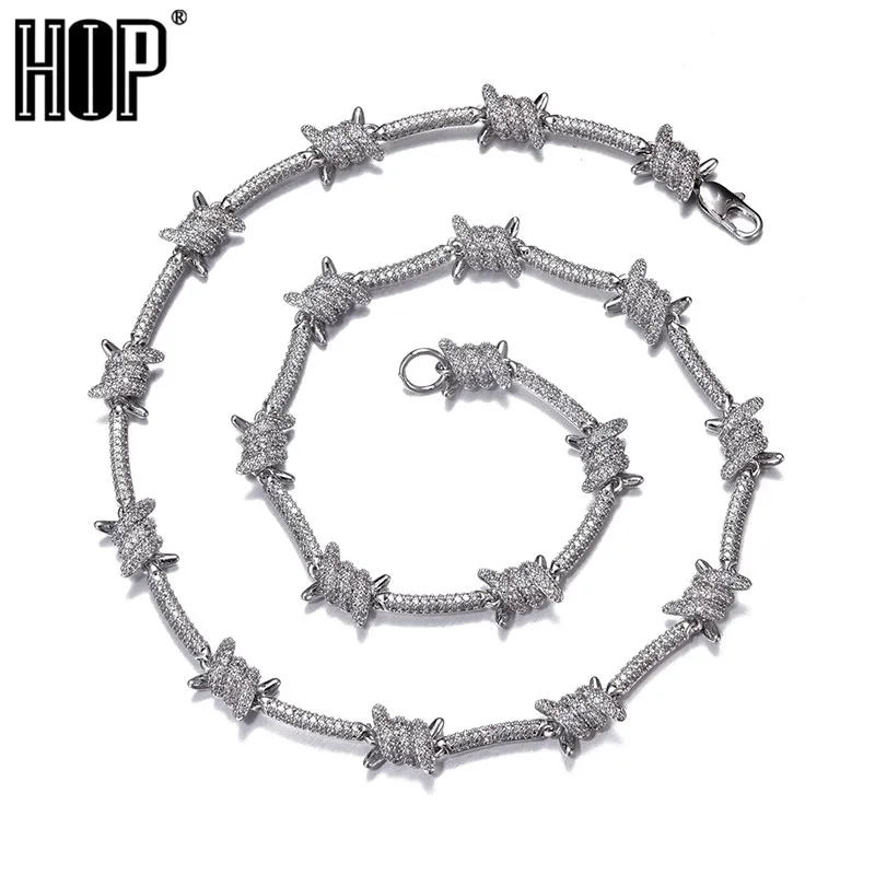 8mm Iced Barbed Wire Necklace in Gold White Color Bling Cubic Zircon For Women Men Hip Hop Jewelry