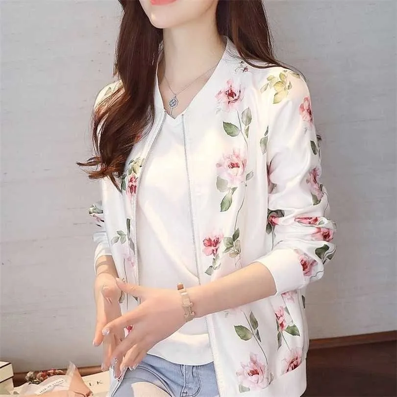 Fashion Summer Women Bomber Print Jacket Long Sleeve Basic Coats Thin Slim Short Female s Plue Size 211014