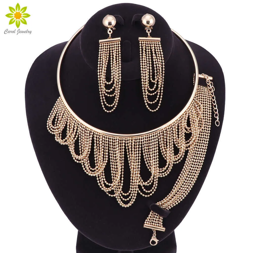 Ensemble de bijoux de mariage nigérian en perles africaines, collier en cristal, couleur or, accessoires de mariage, fête H1022