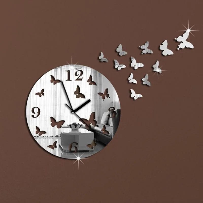 壁時計DIY 3D蝶アートクリスタルミラー時計クリエイティブデザインステッカーウォッチクォーツリビングルームベッドルーム装飾w