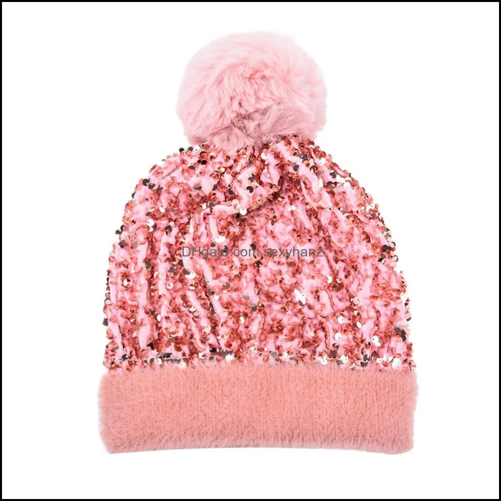 Sequins Knitted Hats Pompom Removable Winter Outdoor Beanie Warm Fashion Skull Caps Woolen Street Windproof Stretch Crochet Ear