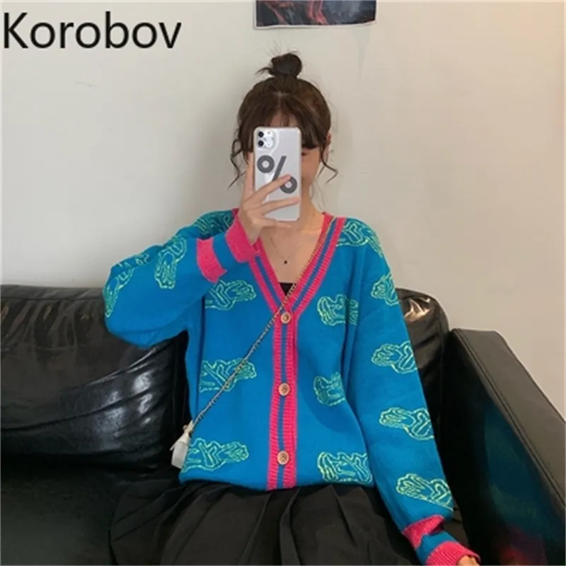 Korobov Mulheres Autumn Knit Cardigans Coreano Vintage Vintage Cor Retalhos Suéteres Preppy Style V Neck Manga Longa Sweater 210430