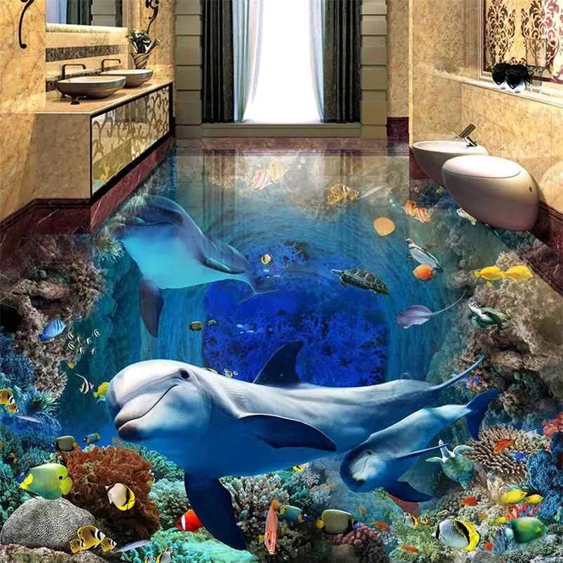 Underwater World Dolphin 3D Floor Painting Mural Wallpaper Waterproof Self-adhesive Bedroom Bathroom Floor Tiles Stickers Wall 210722