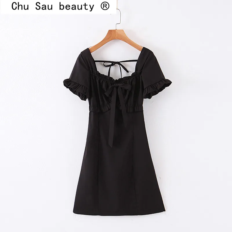 Мода повседневная шикарное черные спинки женщины мини-платья винтажный стиль слоеного рукава лук платья летом Vestido de mujer 210508