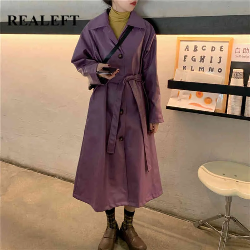 秋冬PUフェイクレザーロングレディースジャケットサッシ紫色のシングルブレストルースバイカーコート女性のoutwear 210428