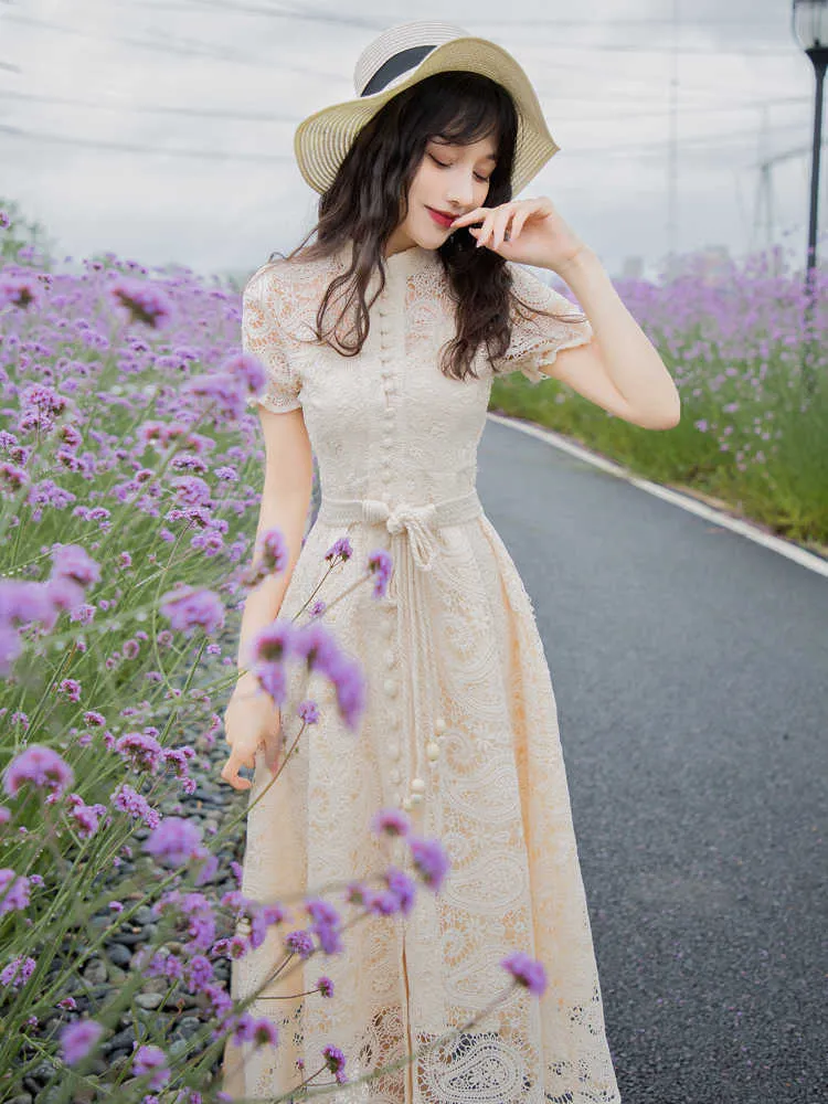 YOSIMI Vintage Khaki Light Purple Lace Dress For Women